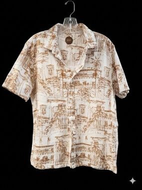 Mens Common People Short-Sleeve Button-Down Shirt with Brown Architectural Print
